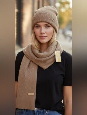 NWT NEW Michael Kors Knit 2 Piece Studded Hat and Scarf SET Beige Tan